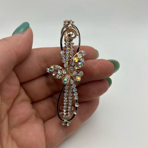 Rose Gold Tone Butterfly Crystal Rhinestone Hair Clip Barrette Party Accessory - Picture 7 of 9